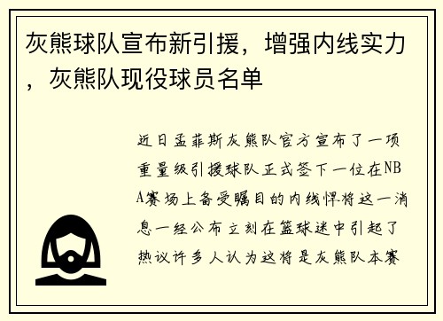 灰熊球队宣布新引援，增强内线实力，灰熊队现役球员名单