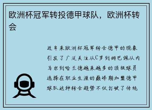 欧洲杯冠军转投德甲球队，欧洲杯转会